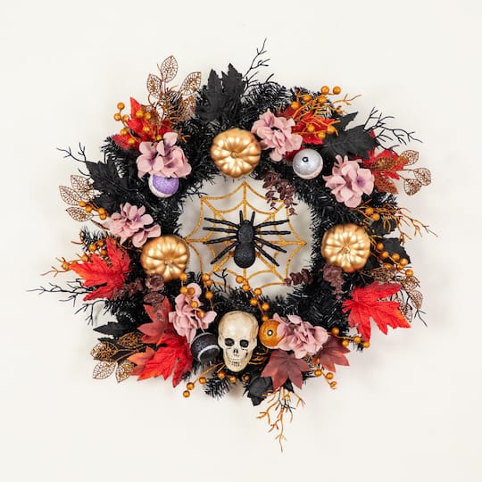 24" Artificial Halloween Wreath with Skulls, Spiders and Pumpkins